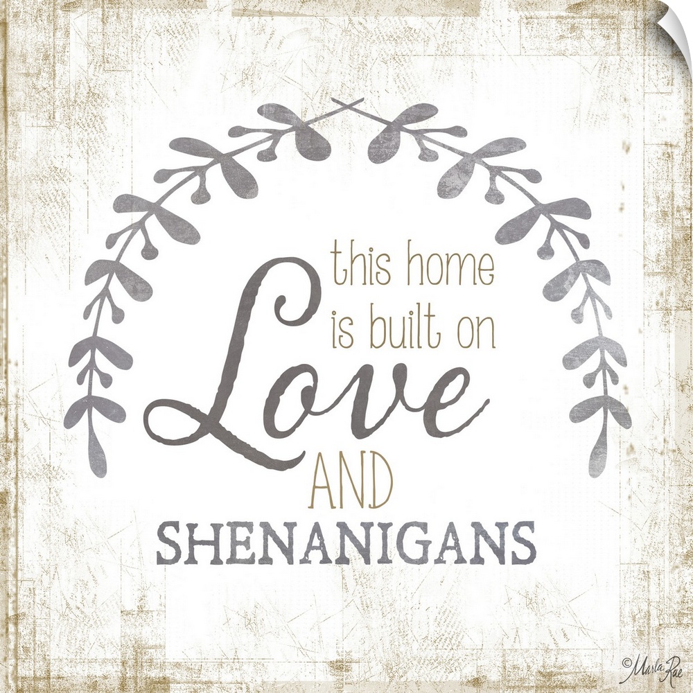 Phrase about family love framed by two leafy sprigs on a textured background.