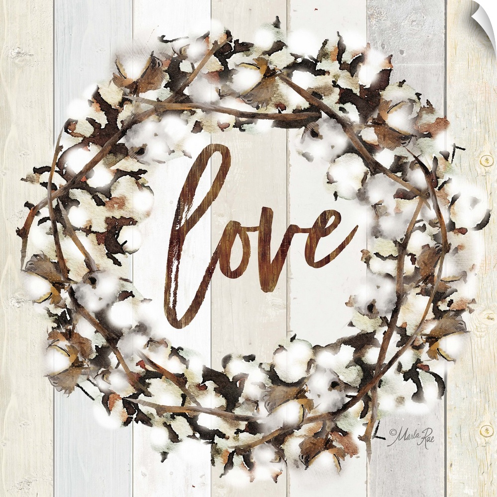 "Love" in the middle of a wreath of cotton against a shiplap background.
