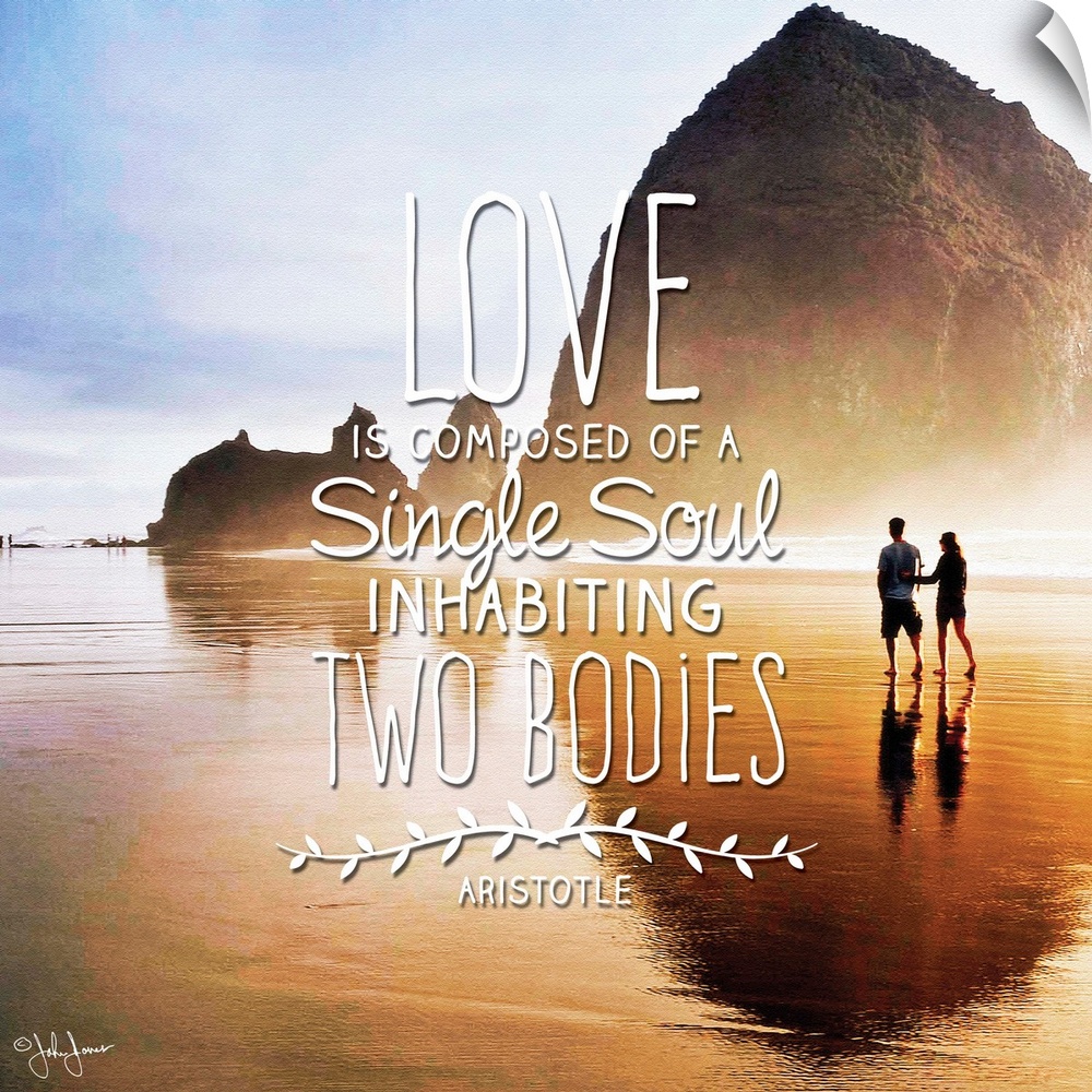 Sentiment in white lettering against a photograph of a silhouetted couple walking along a beach.