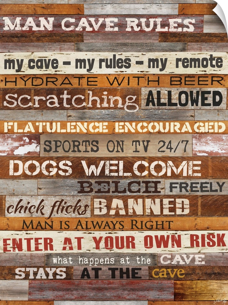 Typography artwork of man cave rules, with text against a wooden background.
