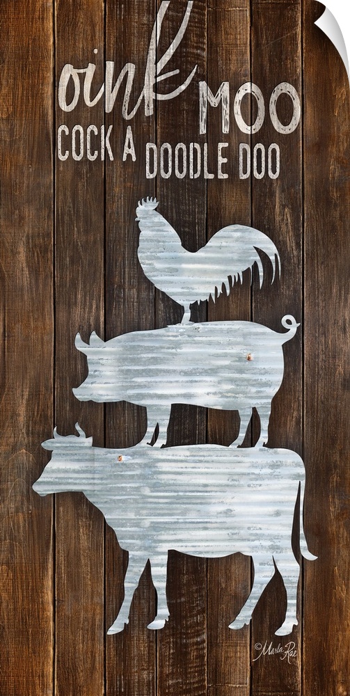 "Oink Moo Cock A Doodle Doo" design against a wood plank wall.