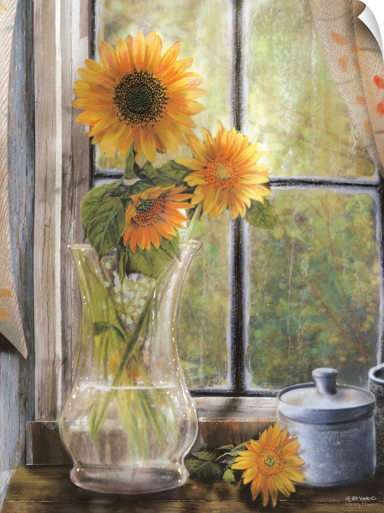 Artwork of sunflowers in a glass vase sitting in front a window.