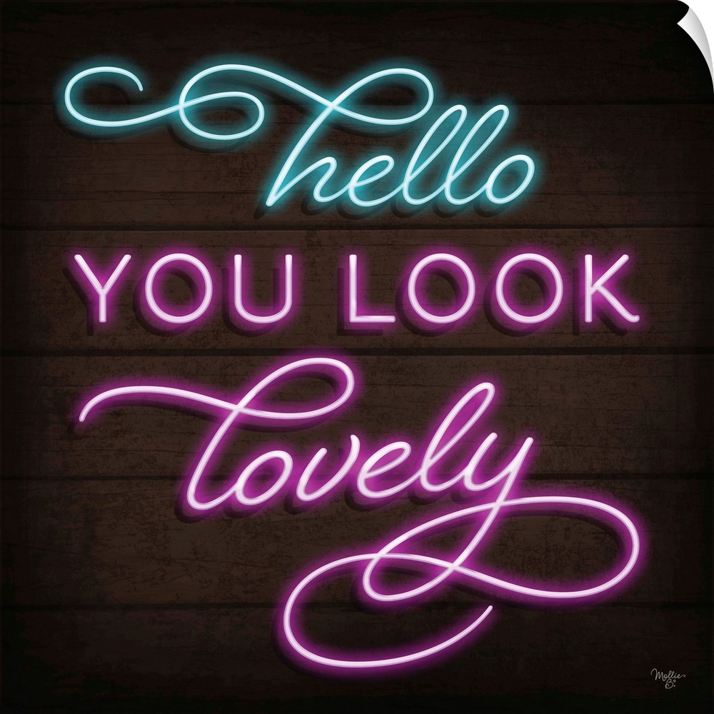 Retro sign resembling neon lights which reads "Hello You Look Lovely."