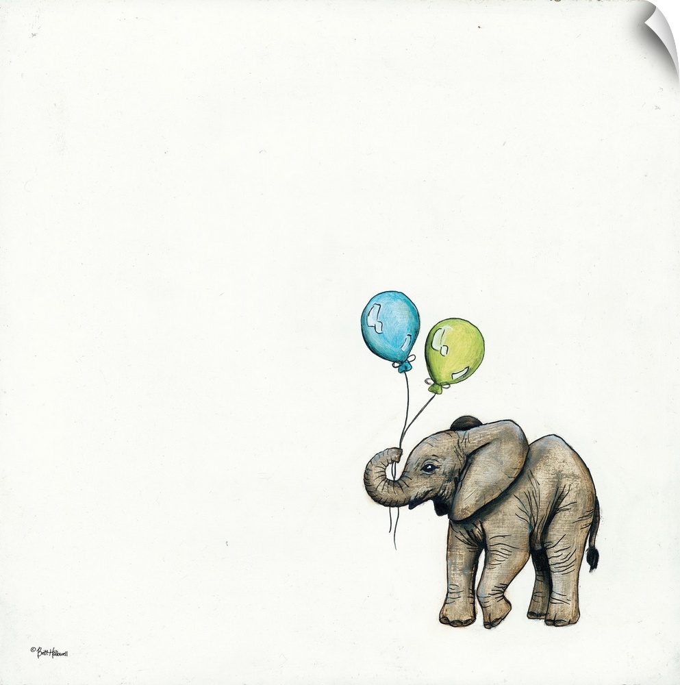 Illustration of an elephant holding a balloon.