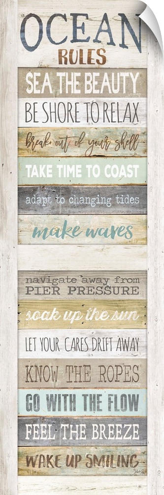 List of rules for enjoying the seaside painted on a wooden board background.