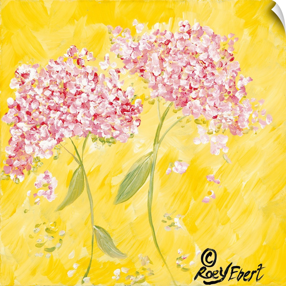 Square contemporary painting of Pink Hydrangeas against a bright yellow background.