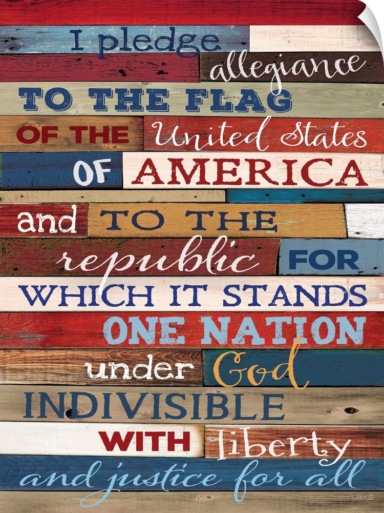 Patriotic typography art against wooden surface in multiple colors.