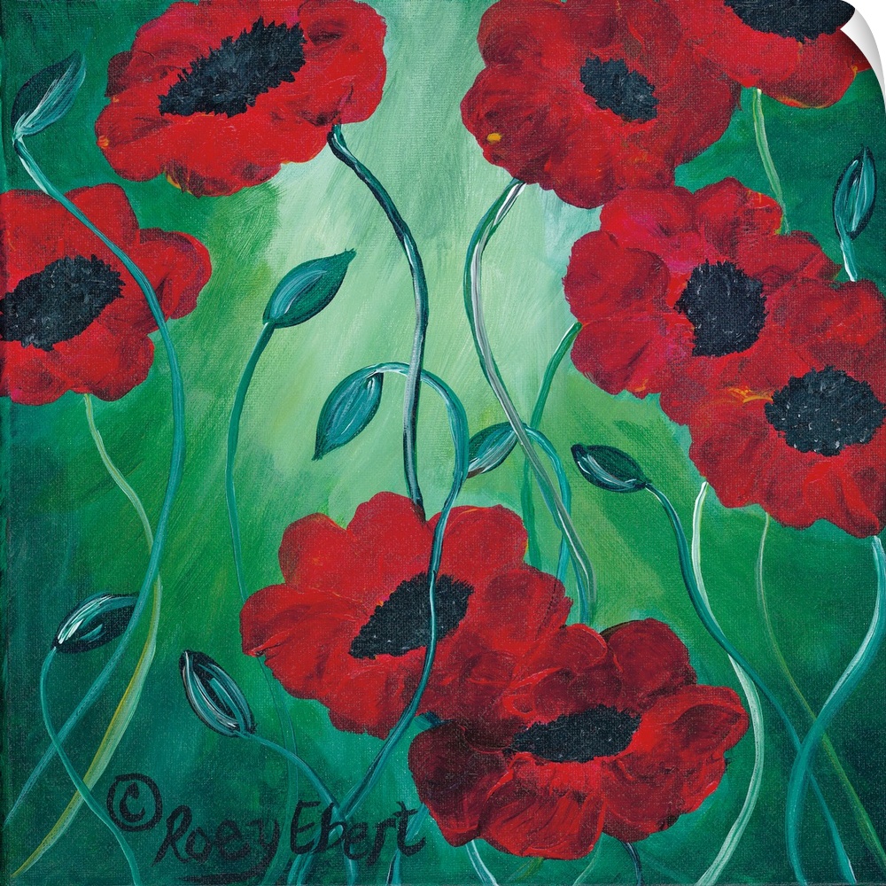 Contemporary artwork of deep red poppies on a cool green background.