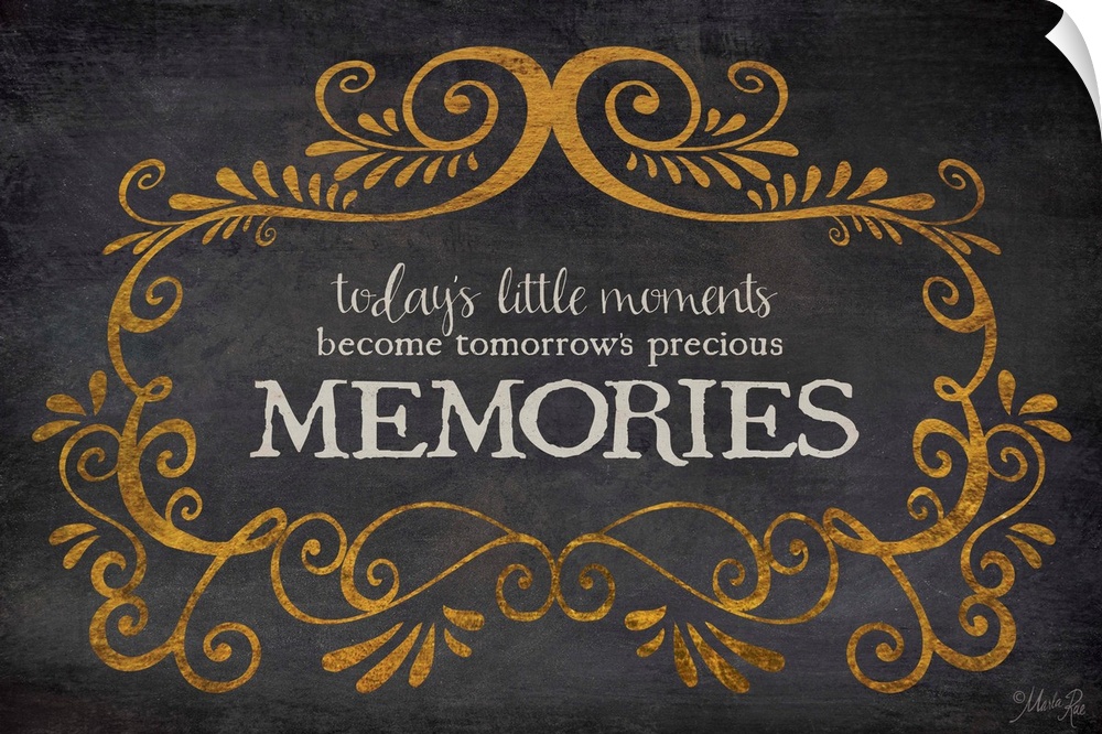 Typography artwork about memories with vintage flourish designs.