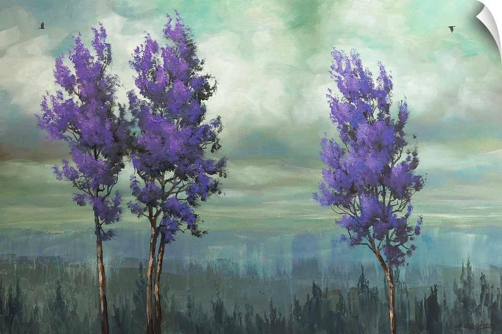 Painting of three trees with purple leaves against a cloudy sky.