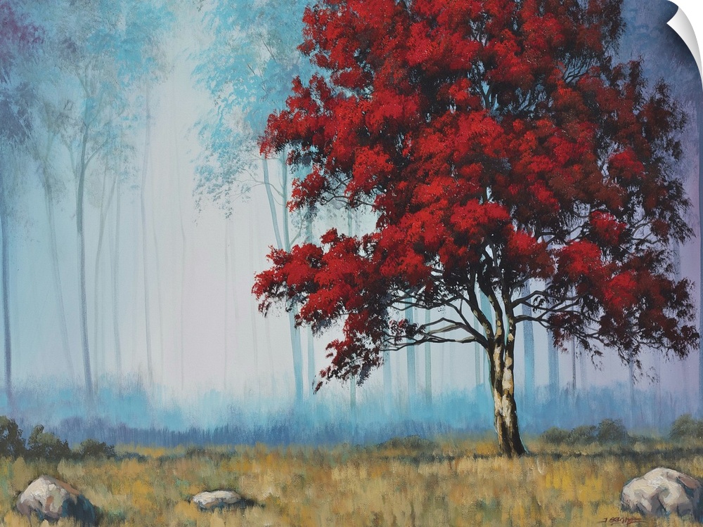 Contemporary painting of a red tree with leafy branches in a forest.