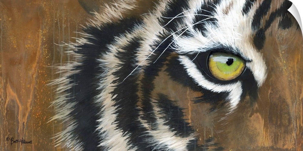 A large horizontal close of image of the eye of a tiger with textured streaks of paint.