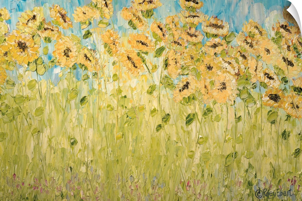 An horizontal contemporary painting of a sunflower field with an organic textured quality.