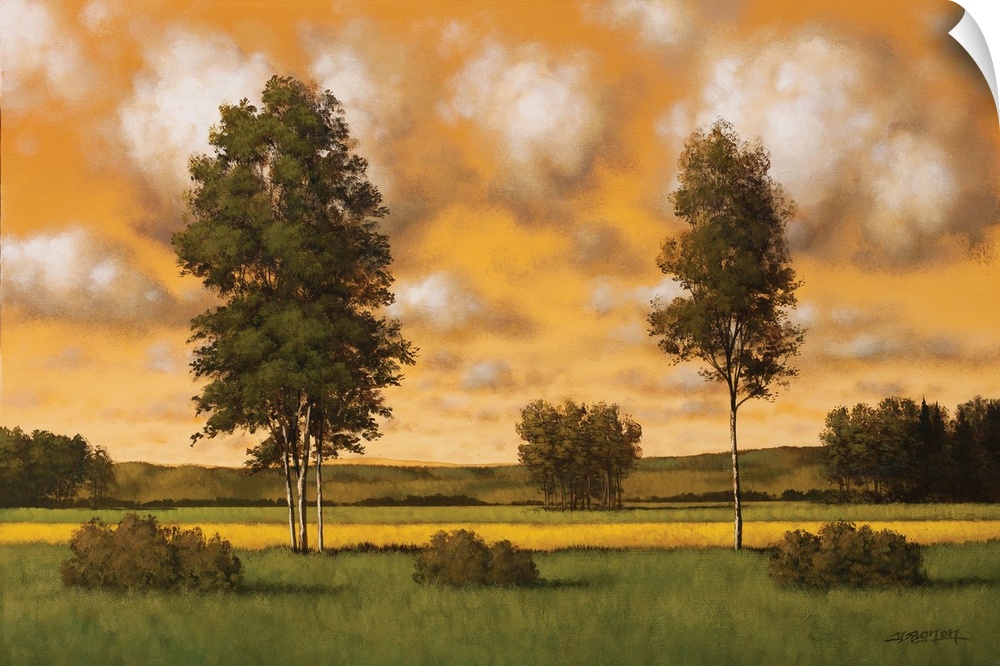 Painting of two tall trees in a field against an orange sunset sky.