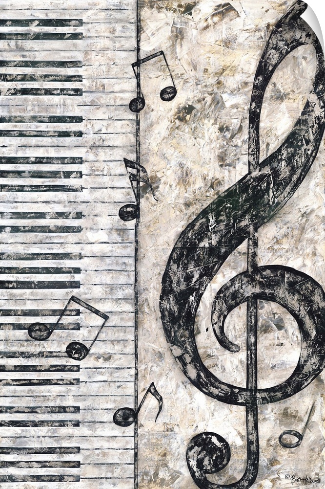 Painting of a large treble clef next to a piano keyboard.