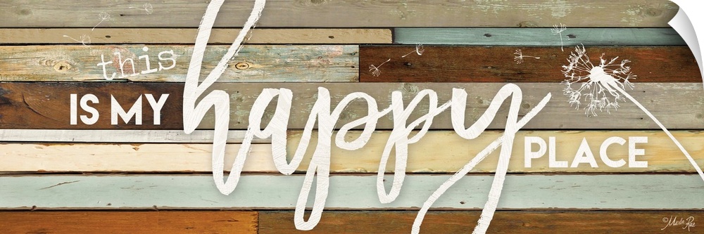 "This is My Happy Place" with dandelion design on a wood plank background.