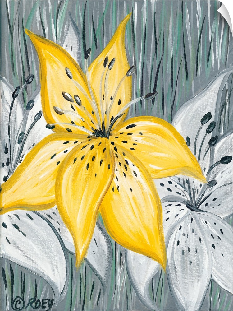 A contemporary vertical painting of a yellow Tiger Lily.