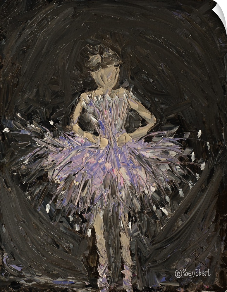 Vertical abstract of a ballerina in purple artfully done in bold brush strokes.