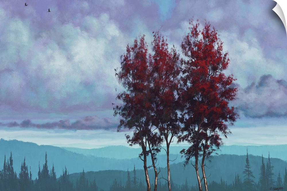 Contemporary artwork of two tall trees with red leaves over a blue landscape.