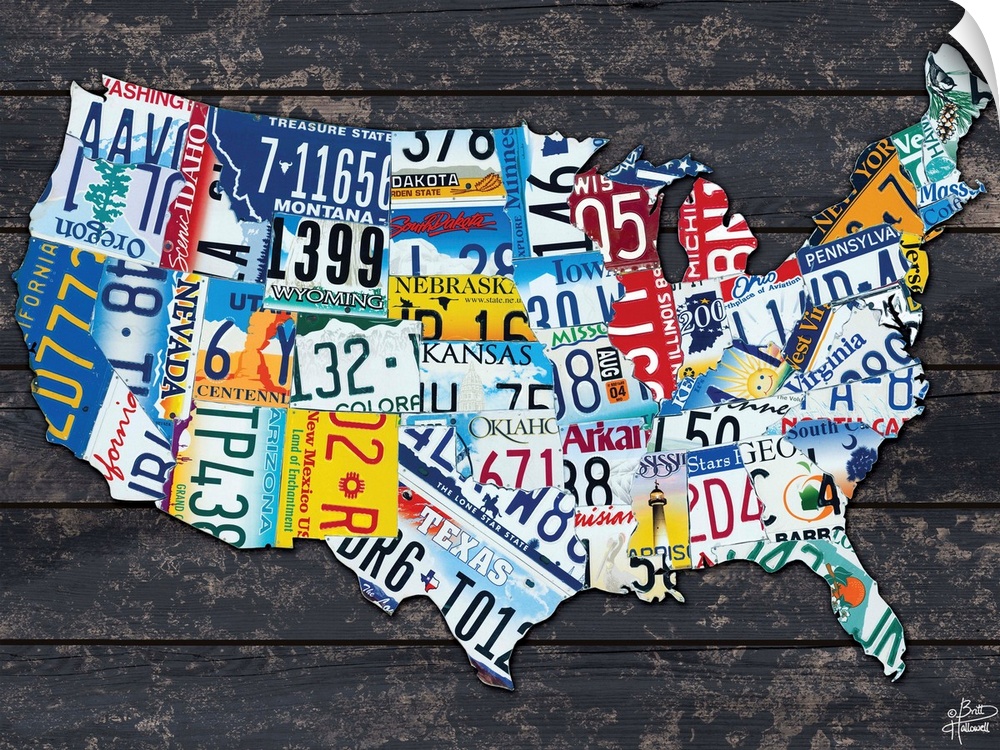 Map of the USA made from different license plates, against a dark wood planked background.