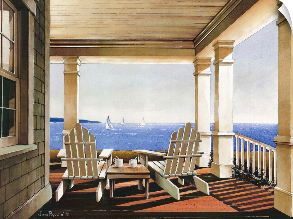Art print of adirondack chairs on a covered porch overlooking the ocean in afternoon light.