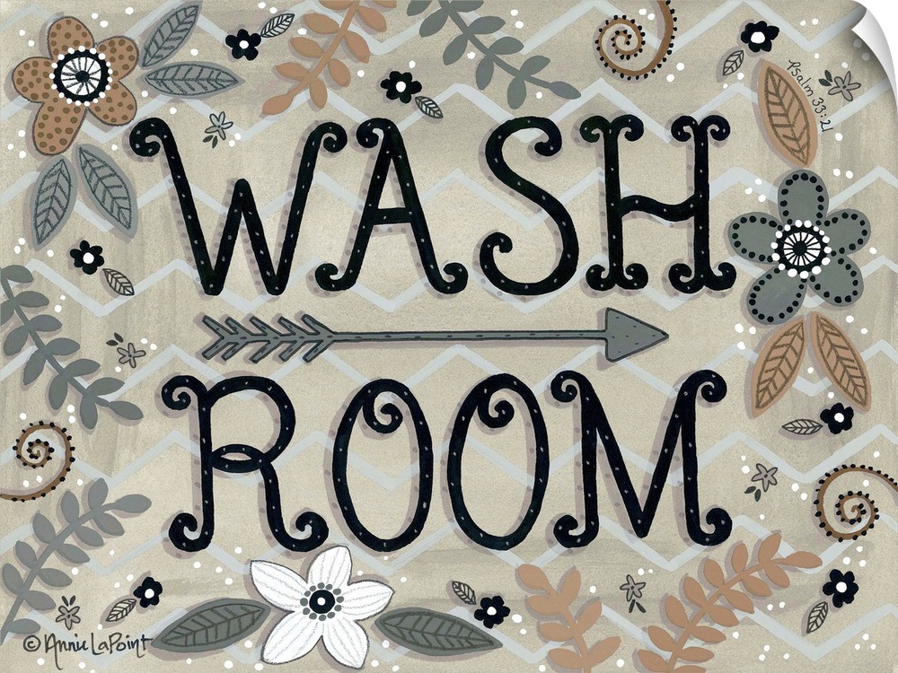A folk art style sign with flowers and leaves with "Wash Room" in a curly font.