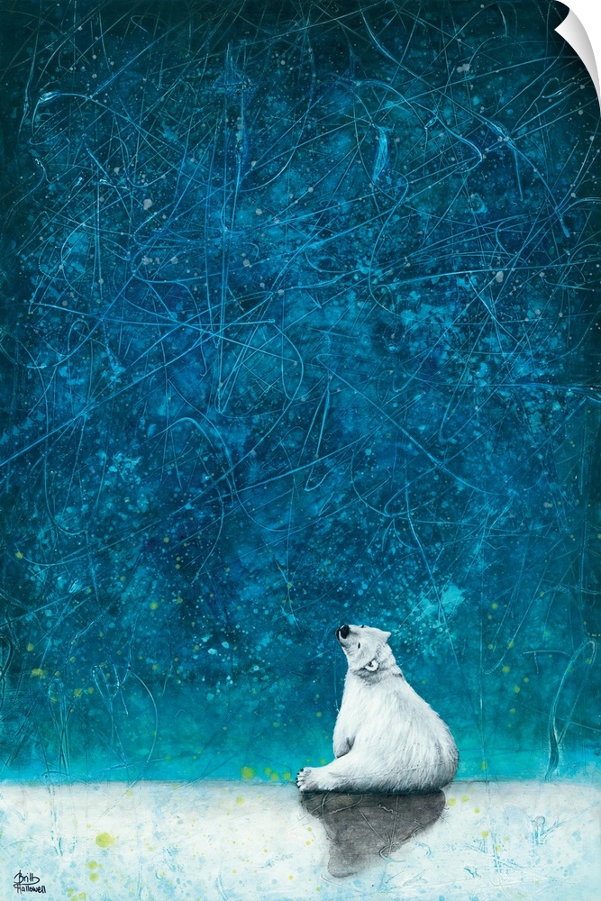 Painting of a polar bear looking up at the stars.