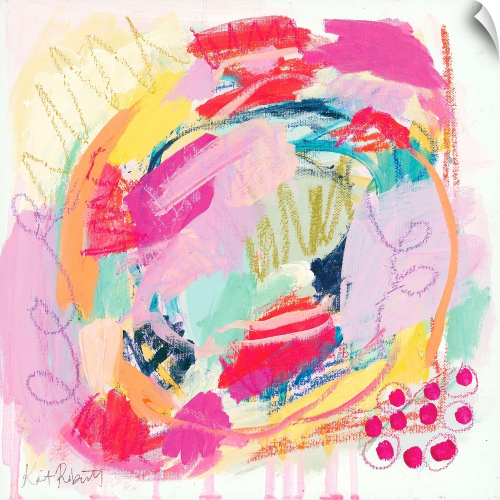 A bright, summery abstract in shades of pastel pink, lilac and yellow, featuring scribbles and circles of color. A feminin...