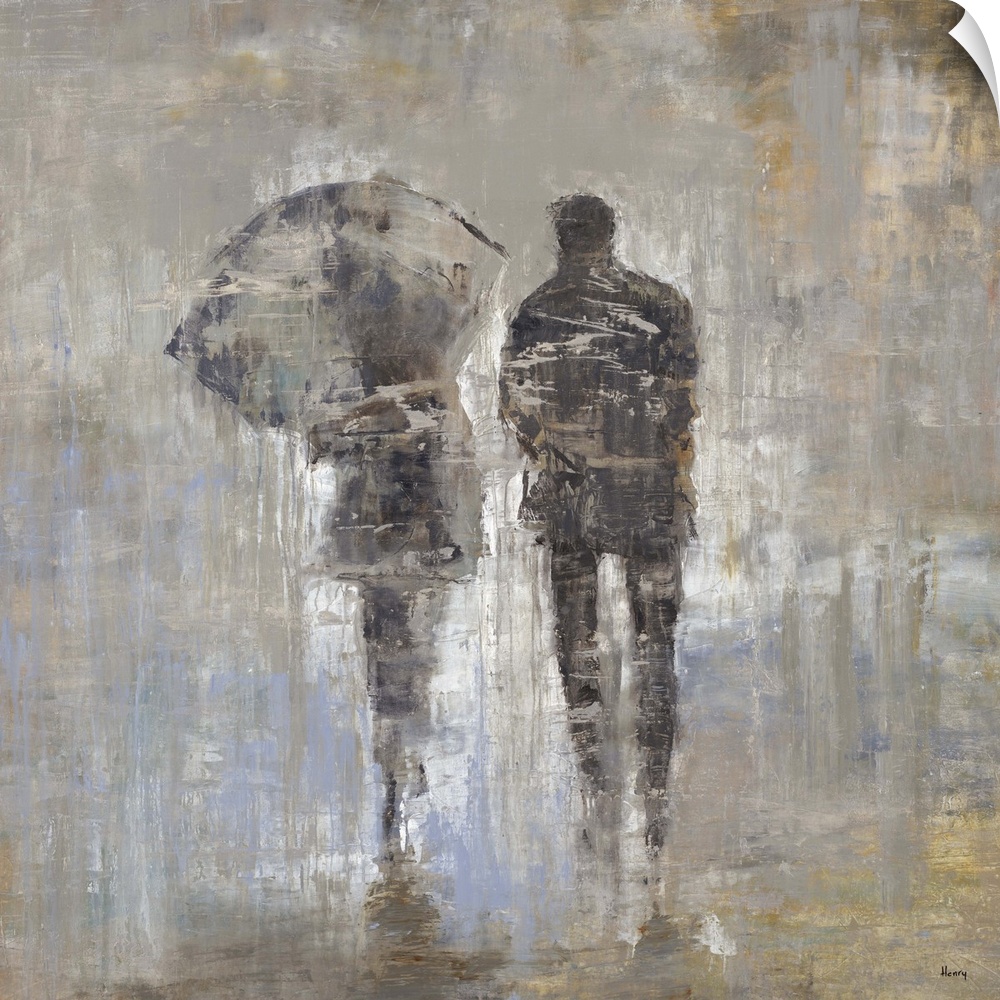 Figurative painting of the backs of a male and female form walking side by side, the female holding an umbrella over her h...