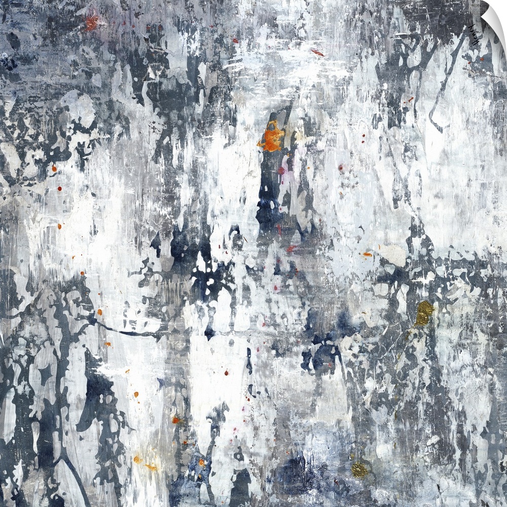 Large gray, white, and indigo abstract art with hints of orange, yellow, and gold throughout.