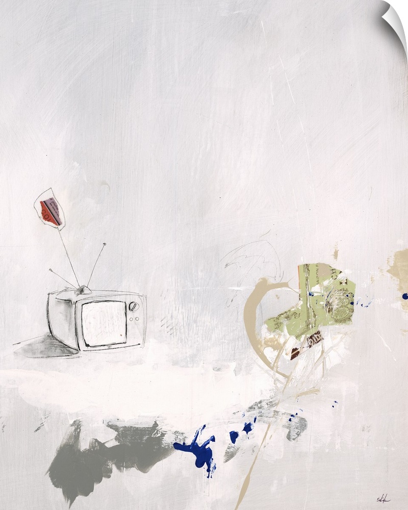 Contemporary abstract painting of a pencil drawing of a TV set against a neutral toned background, with splashes of color.