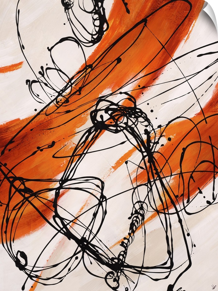 Abstract painting, with bright orange paint swipes and dark black thin line splatters.