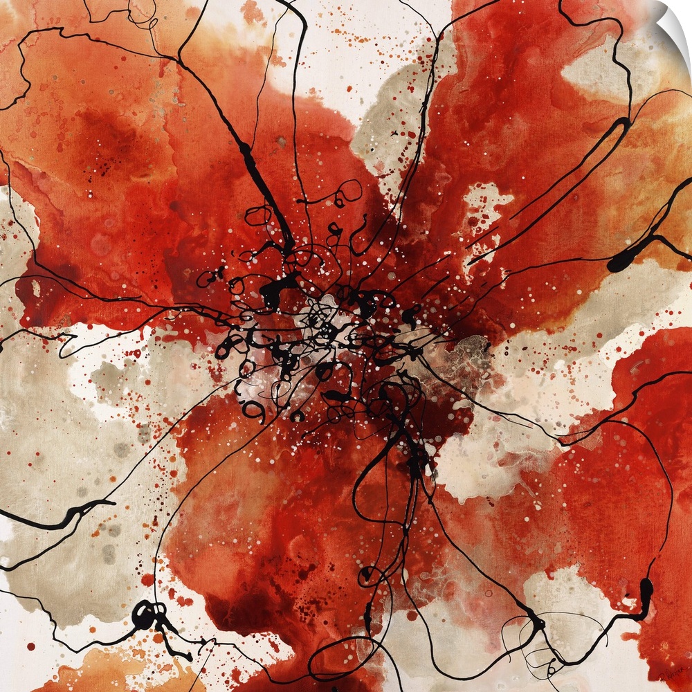 Abstract painting using earth tones in radial splashes almost appearing ad flowers.