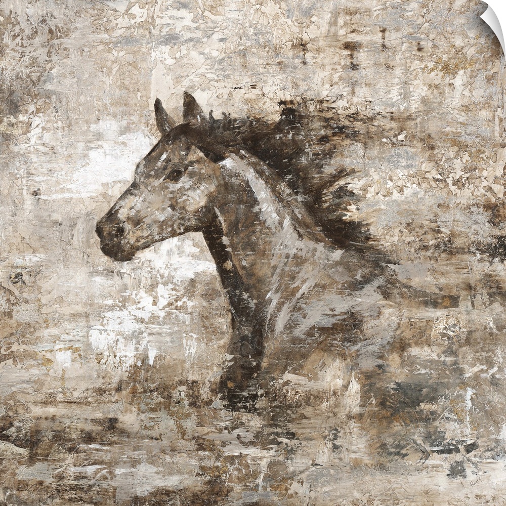 A contemporary painting with a weathered and distressed look, with the portrait of a horse in stride.