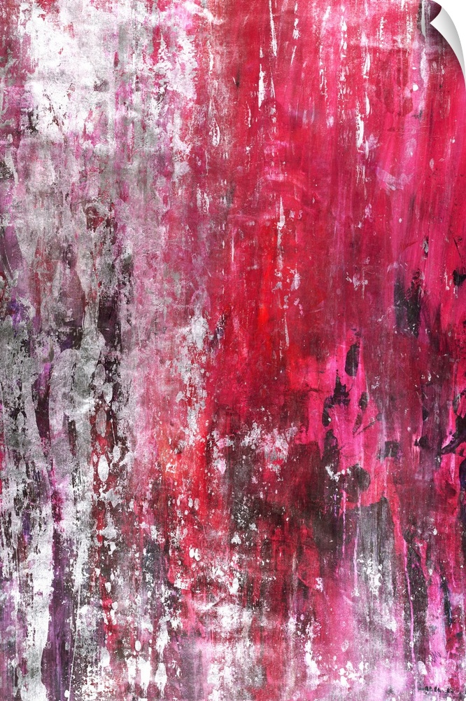 Contemporary abstract painting in vibrant pink and red hues running vertically across the canvas and gray, black, and whit...