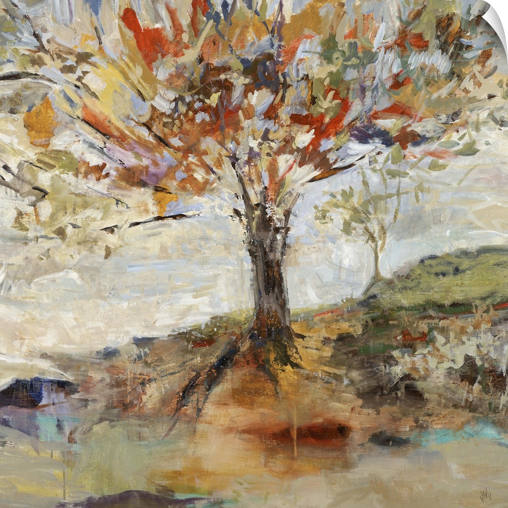Contemporary landscape painting of a large tree on a hillside with vibrant, multicolored leaves and branches, in front of ...
