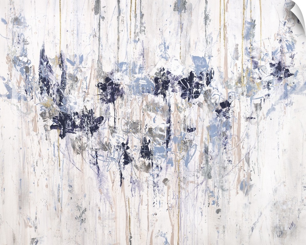 Contemporary abstract painting with florals in cool tones and drips of neutral colors on a white, paint splattered backgro...