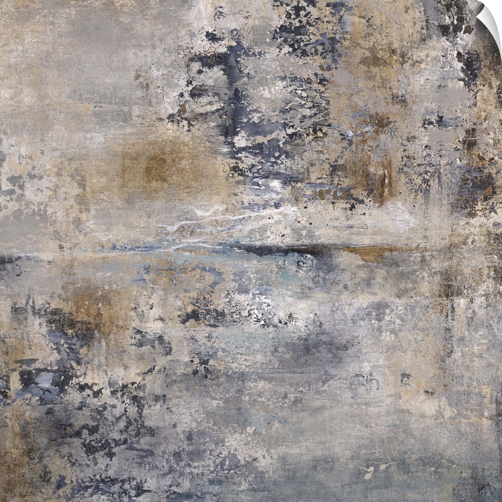 Contemporary abstract painting in shades of brown and grey, resembling a weathered wall.