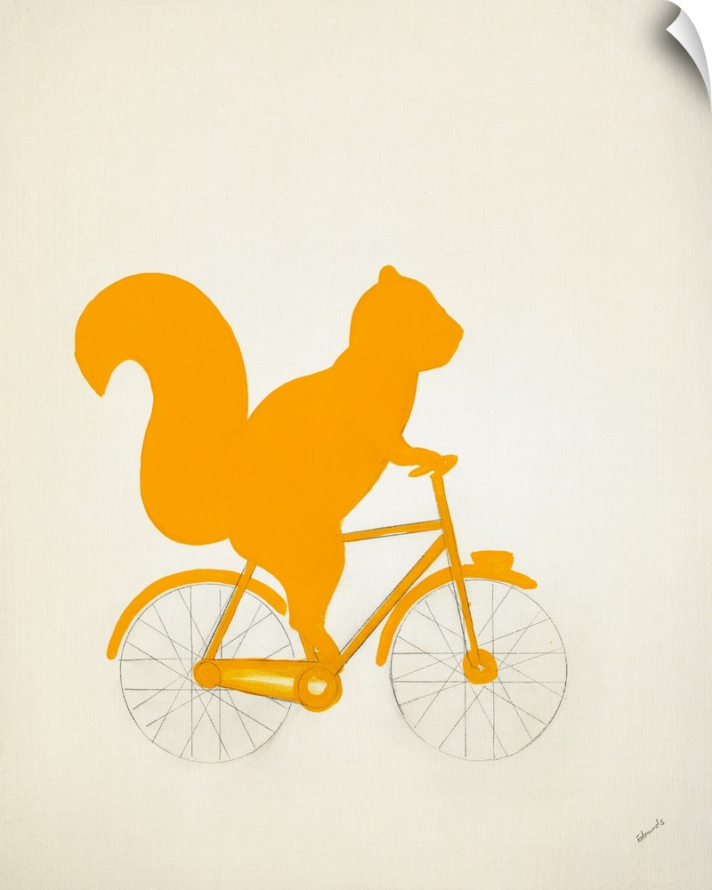 Yellow silhouette of a squirrel riding a bicycle with pencil drawn wheels and spokes.