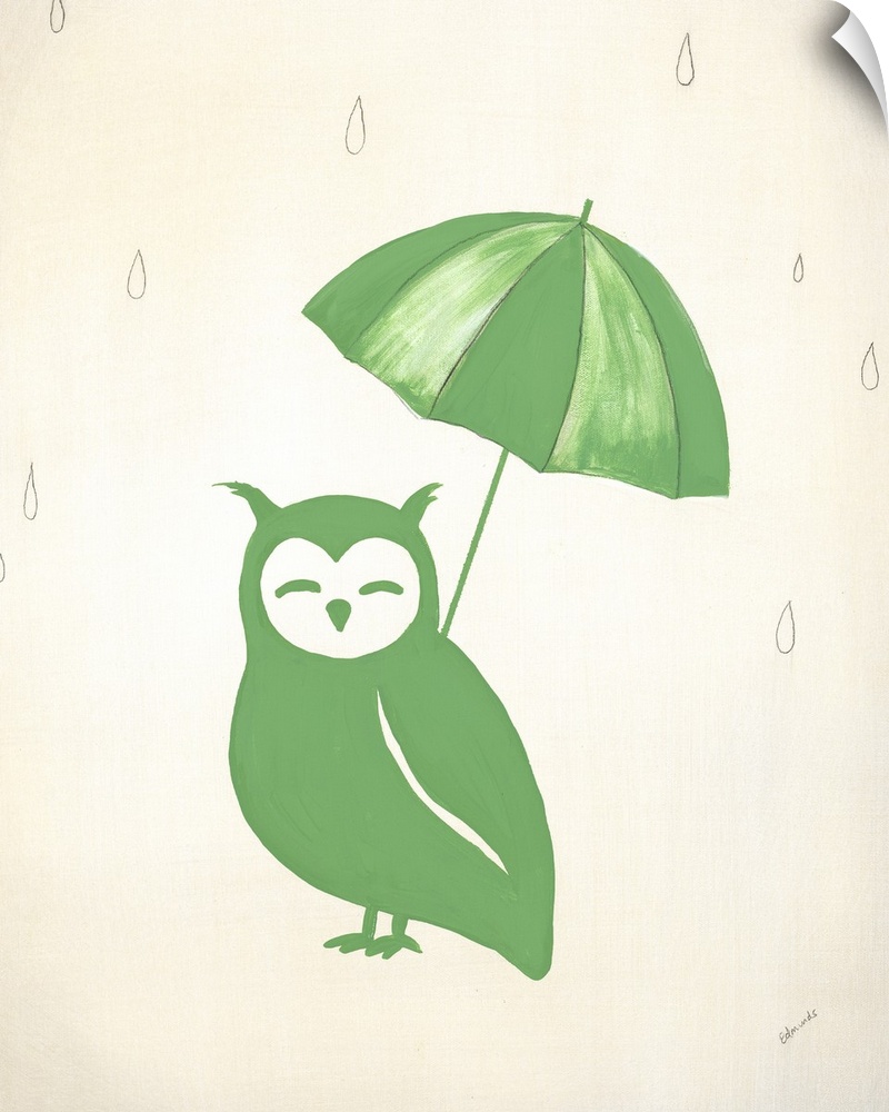 Green owl holding a green striped umbrella and graphite draw rain drops falling from the top of the canvas.