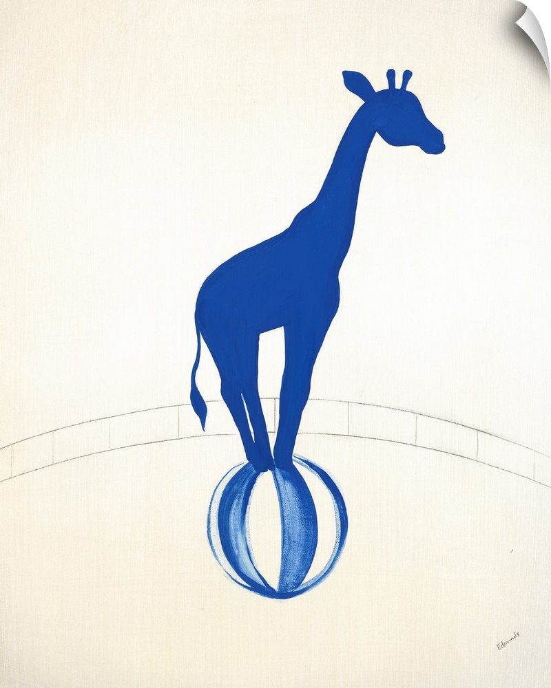 Blue silhouette of a giraffe balancing on a striped ball in a graphite drawn ring.