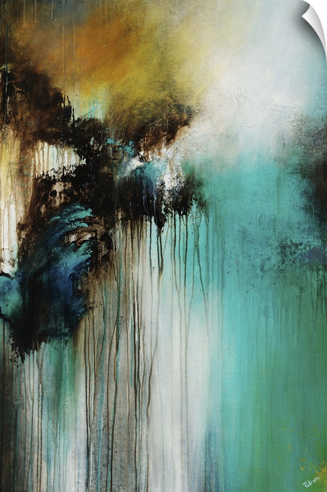 Contemporary abstract painting with dripping black paint on white and teal.