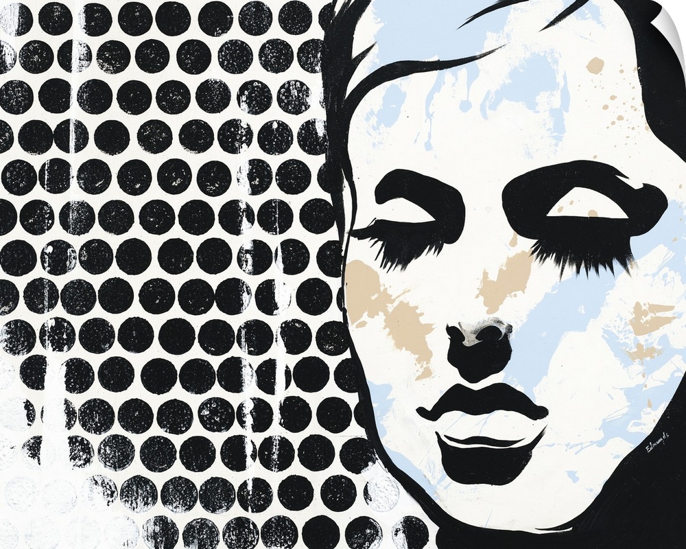 Pop art style painting with a black silhouette of a woman's face with long eyelashes and light blue and tan paint splotche...