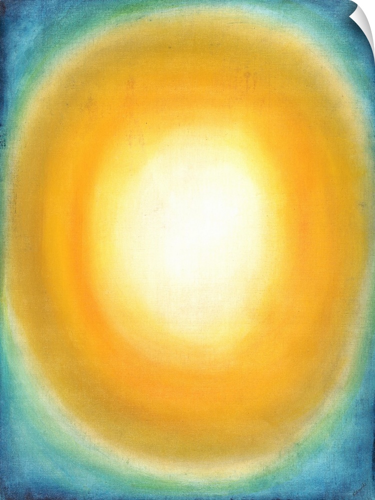 Contemporary abstract painting of a golden oval shape in the center of the image against a crystal blue background.