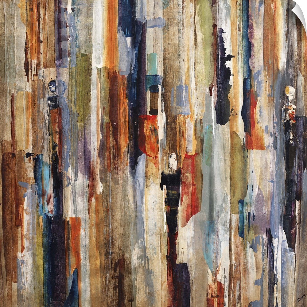 Contemporary abstract painting of a vertical lines in warm and cool tones surrounded by predominant earth tones.