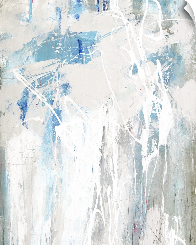 Large abstract painting in shades of blue, beige, gray, and white.