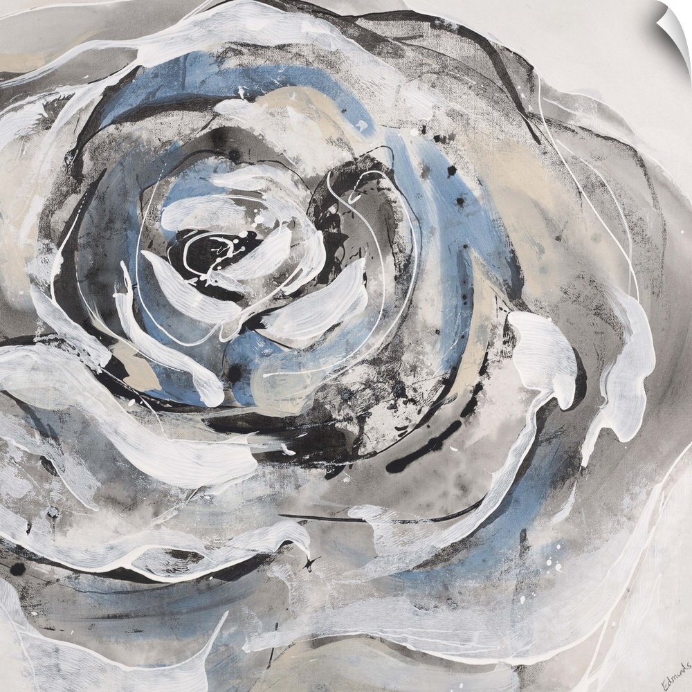 Contemporary painting of a flower using pale blue, gray and white lines.
