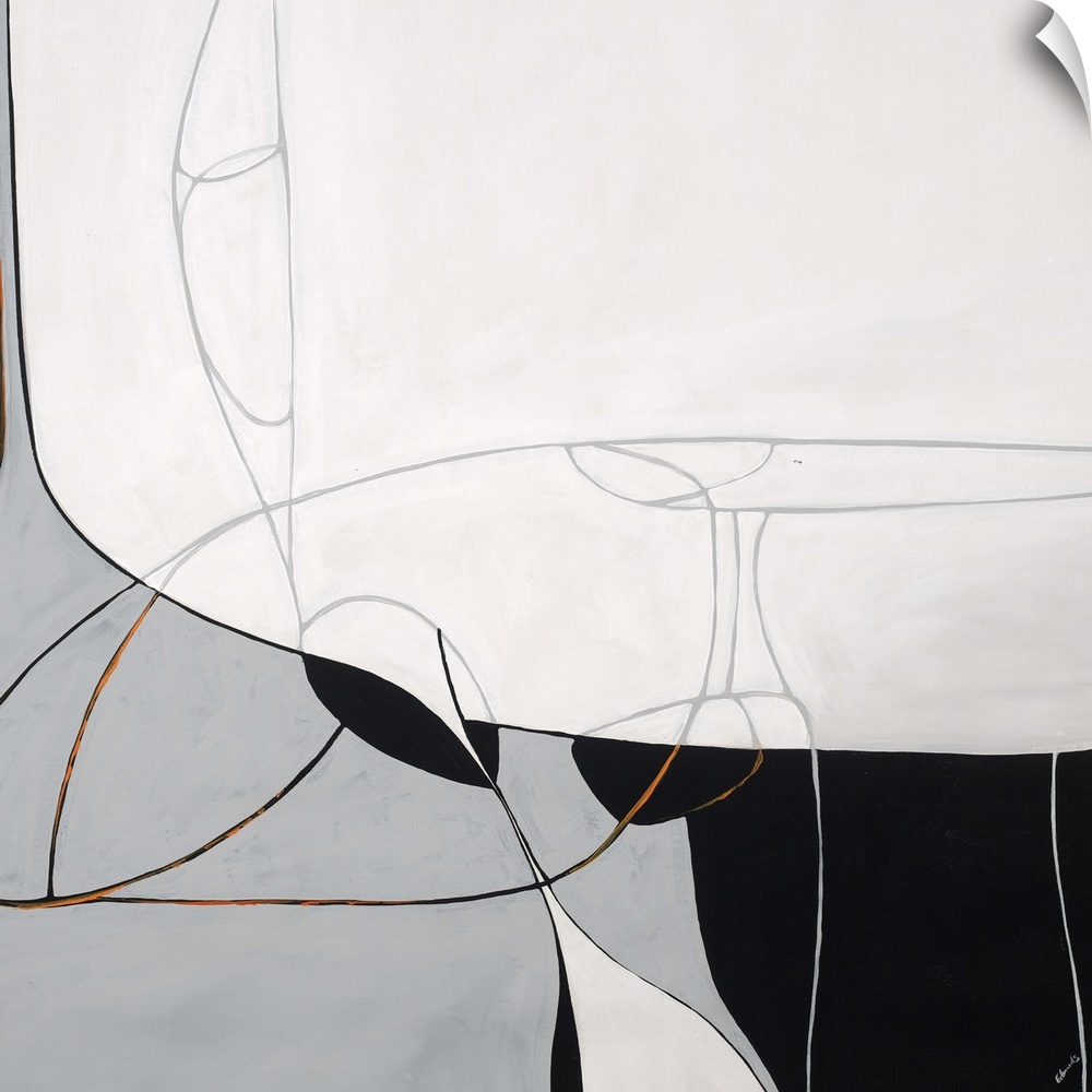 Contemporary abstract artwork in black, white, and grey, with curving lines.