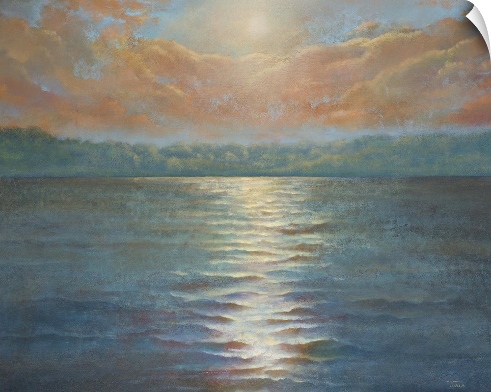 Contemporary painting of a sun setting over a body of water.