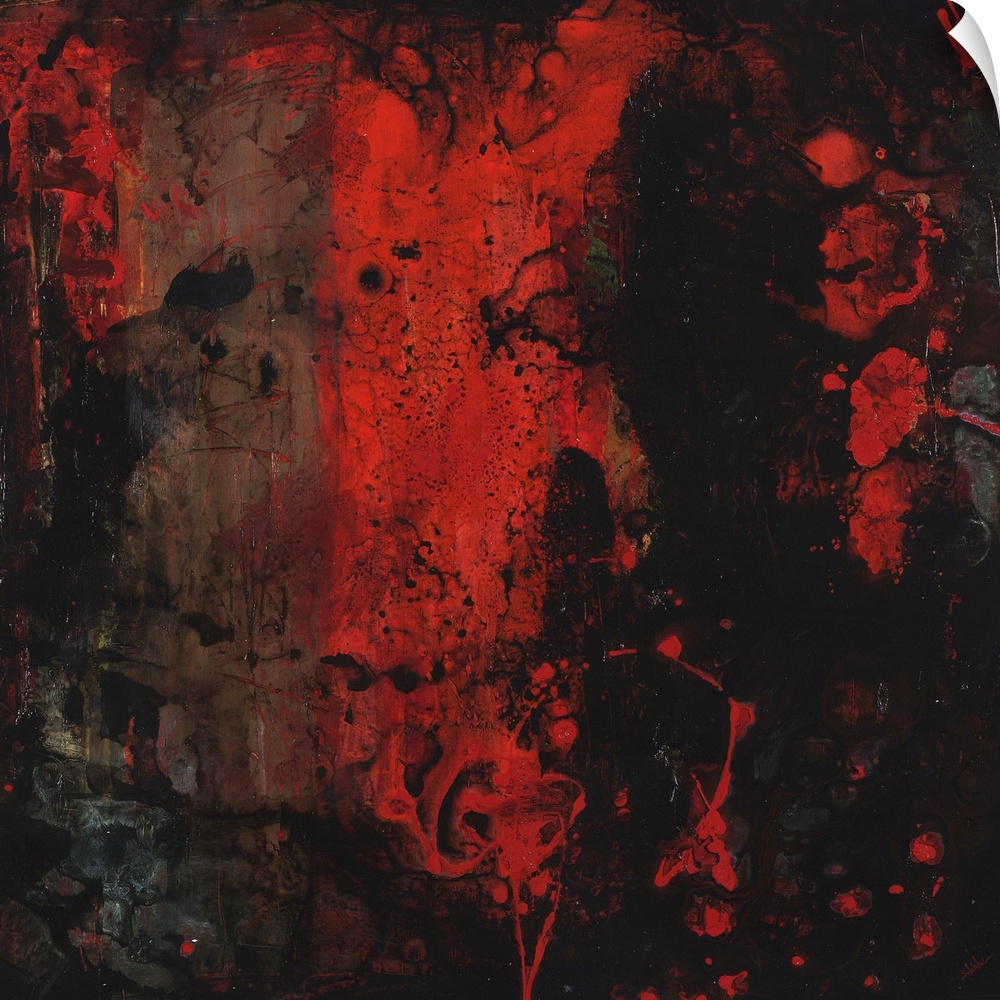 Contemporary abstract painting using dark red and black.